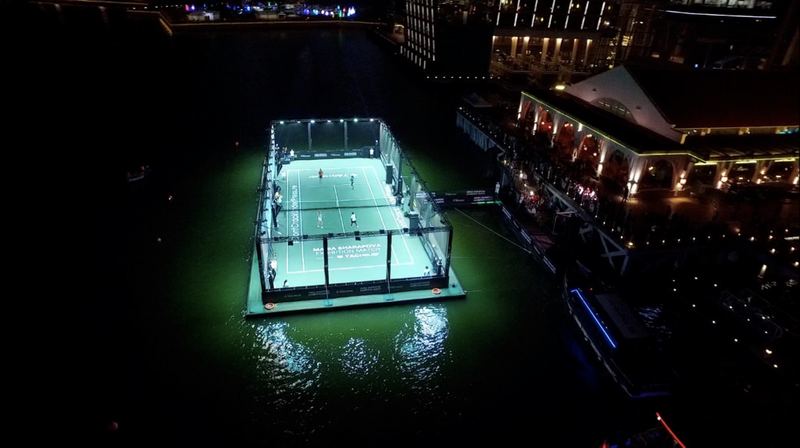 Illuminated floating platform at night
